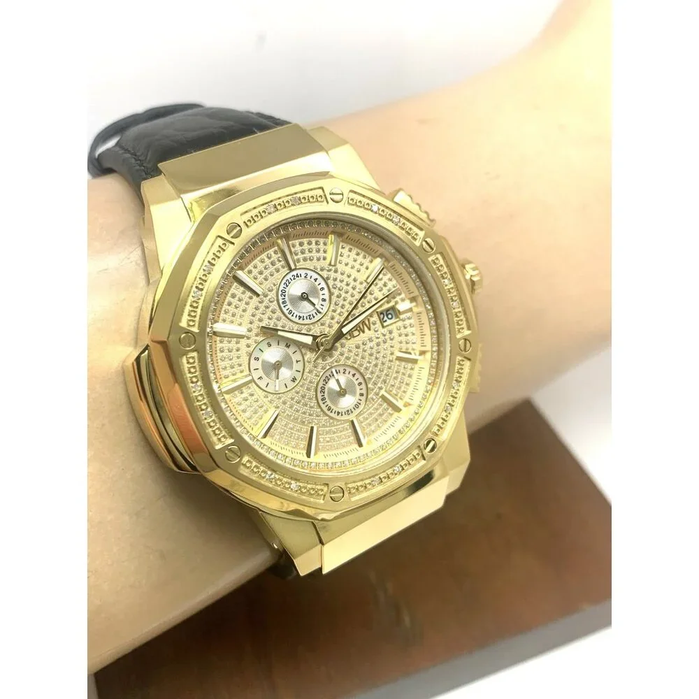 JBW Men's Watch JB-6101L-10A Saxon Diamond Quartz Gold Black Leather Band 48mm